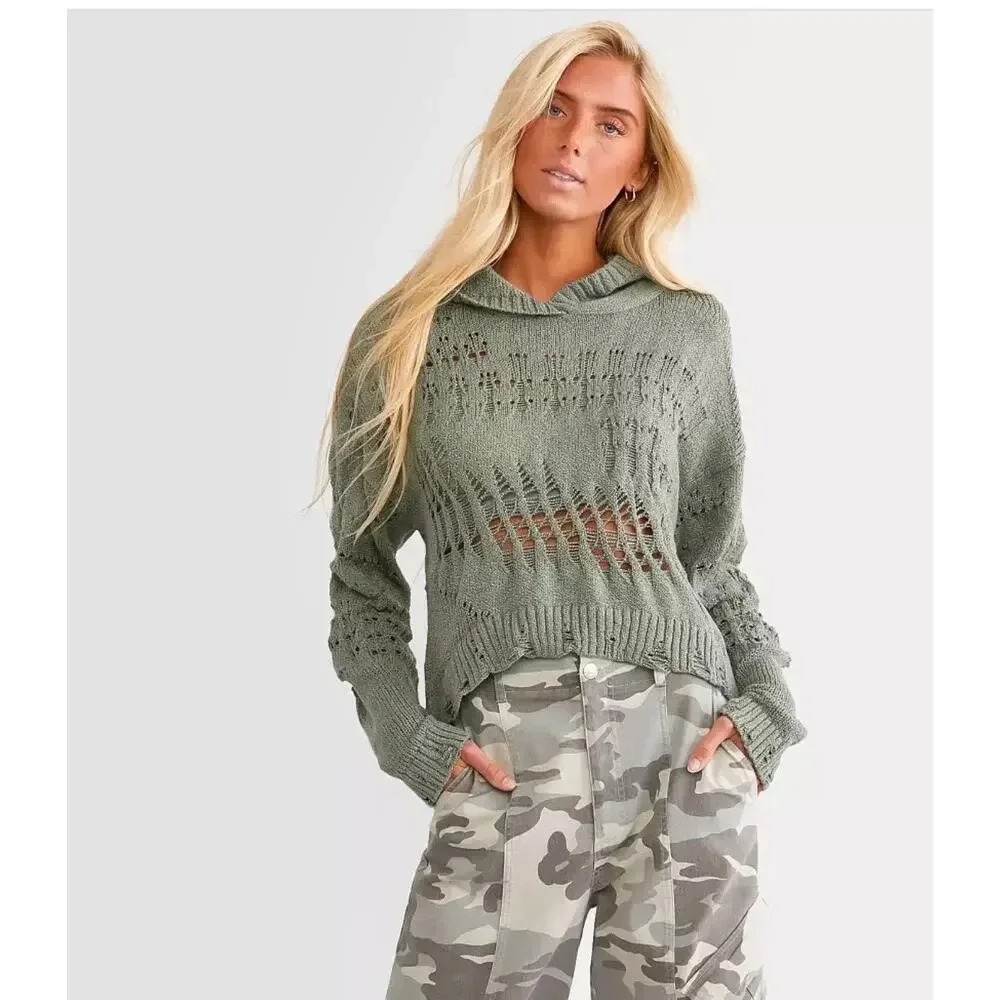 NWT Women's Gilded Intent Buckle Hooded Boxy Casual Fall Sweater Size L